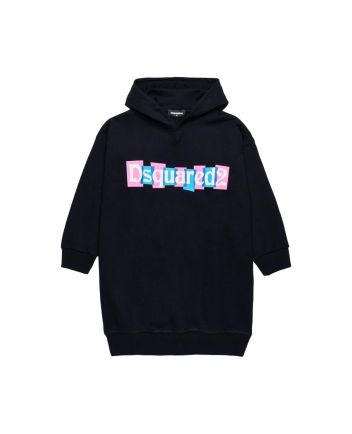 Girls Black Sweatshirt Dress With Logo-Print