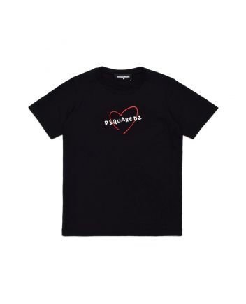 Girls Black Stylised Heart-Print T-Shirt