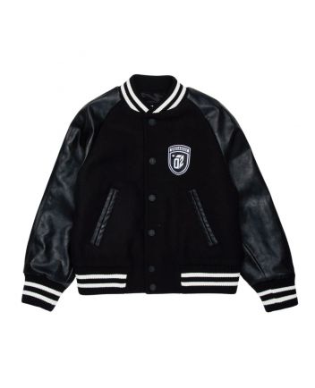 Boys Black Wool Cloth Bomber Jacket With Logo