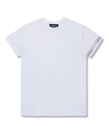 Boys White Cotton T-Shirt With Sleeve Logo