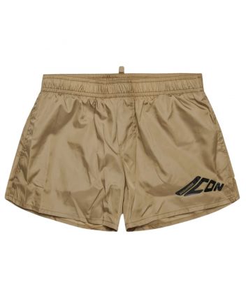 Boys Beige Icon-Logo Boxer Swimsuit