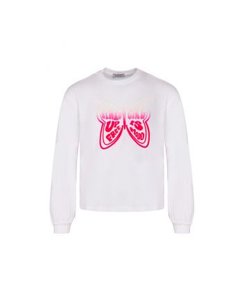 Girls White Butterfly Logo Full Sleeves T-Shirt