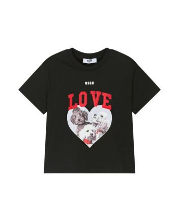 Girls Black Cotton Puppy T-Shirt