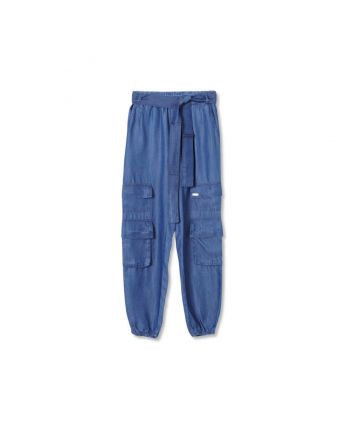 Girls Denim Blue Cargo Pockets Trouser