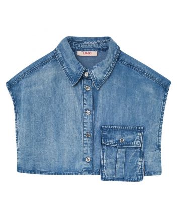 Girls Denim Blue Cropped Sleeveless Shirt