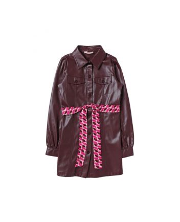 Girls Brown Faux Leather Dress With Belt Bordeaux