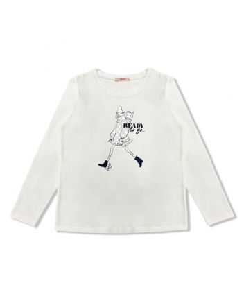 Girls White Printed Full Sleeves T-Shirt