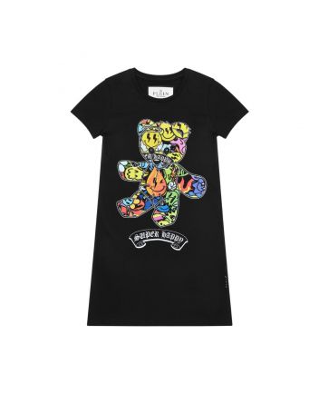 Girls Black Smiley Teddy-Print Dress