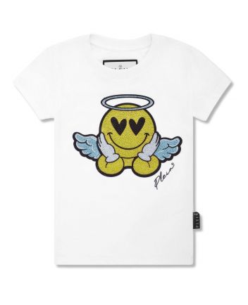 Unisex White Smiley-Squins Cotton T-Shirt