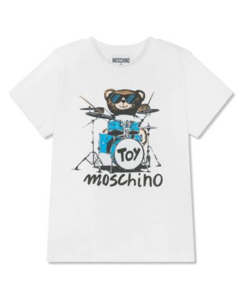 Unisex White Drummer Bear Cotton T-Shirt