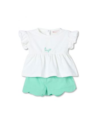 Baby Girls White & Green Cotton Shorts Set