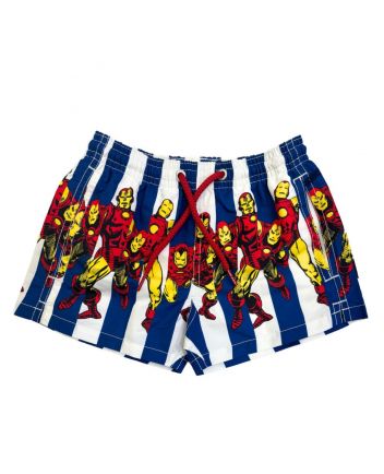 Boys Blue Iron Man-Print Swim Shorts