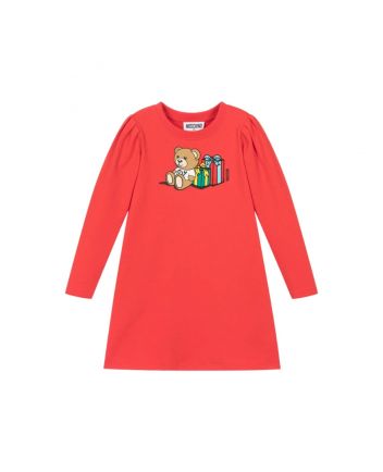 Girls Red Cotton Teddy Bear Dress