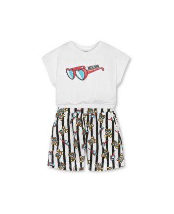 Girls White Bear Stripe Shorts Set