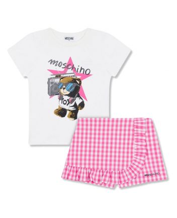 Girls White & Pink Teddy Shorts Set
