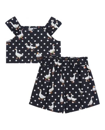 Girls Black Goose-Print Top & Shorts Set