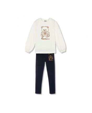 Girls Ivory & Blue Cotton Teddy Bear Leggings Set