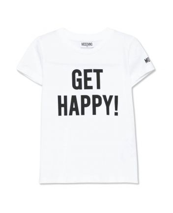Unisex White Get Happy Print Cotton T-Shirt