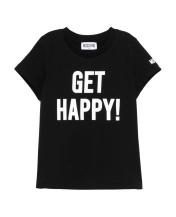 Unisex Black Get Happy Print Cotton T-Shirt