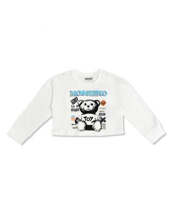 Girls White Teddy Bear-Print Crop T-Shirt