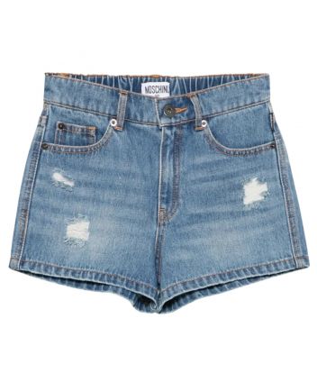 Girls Denim Blue Teddy Bear-Patch Shorts