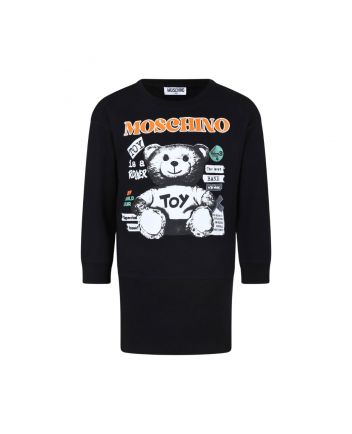 Girls Black Teddy Bear-Print Long-Sleeve Dress