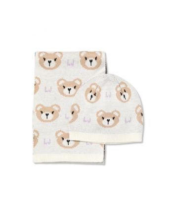 Baby Girls Cream Bear-Motif Beanie Hat Set