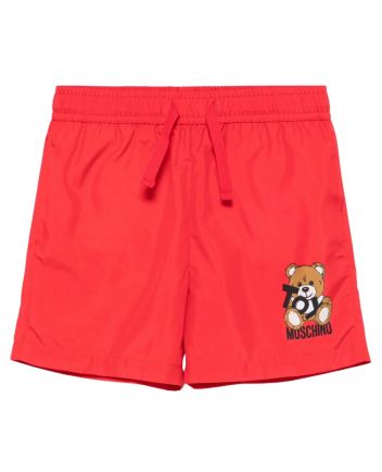Boys Red Teddy-Print Swim Shorts