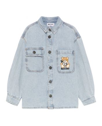 Boys Denim Blue Teddy Bear-Print Shirt