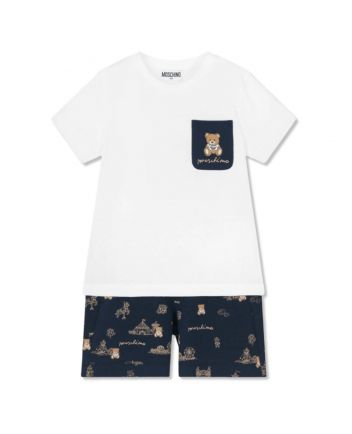 Boys White & Navy Blue Cotton Shorts Set
