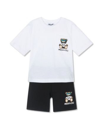 Boys White & Black Teddy Bear Shorts Set