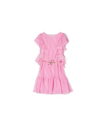 Girls Pink Logo Belt Ruffle Details Dress