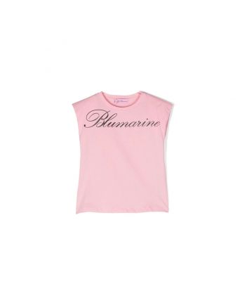 Girls Pink Sleeveless Logo Print T-Shirt