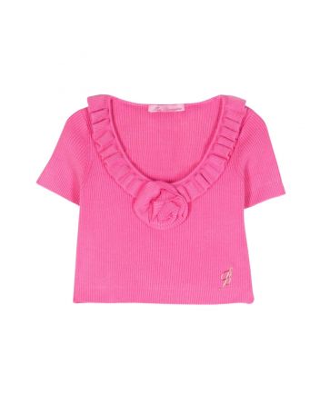 Girls Pink Floral-Applique Ribbed Top