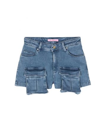 Girls Denim Blue Mid-Rise Denim Cargo Shorts