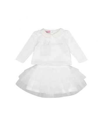 Baby Girls White Rhinestone-Embellished Tulle Skirt Set