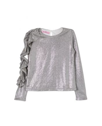 Girls Silver Glitter Detalling Floral-Sleeves Top