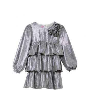 Girls Silver Glitter Detalling Floral Dress