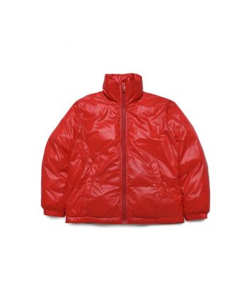 Kids Red Fake Down Jacket with Quilted Logo