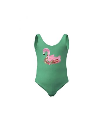 Green lycra one-piece swimsuit with pink flamingo print