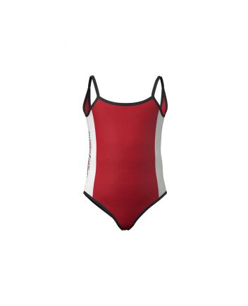 Red lycra one-piece swimsuit with logo