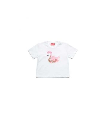 Girls White Jersey T-shirt with pink flamingo print