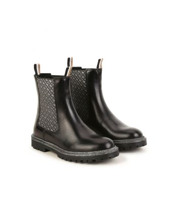 Girls Black Leather Monogram Boots