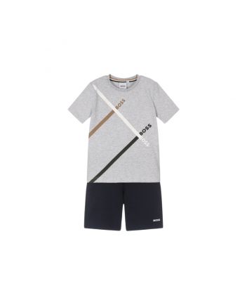 Boys Grey & Blue Cotton Logo Shorts Set