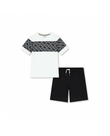 Boys Black Cotton Monogram Shorts Set