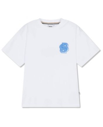 Boys White Cotton Monogram T-Shirt