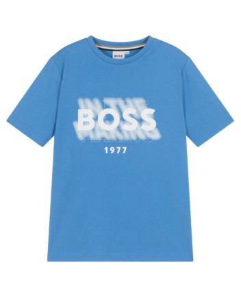 Boys Blue Cotton Graphic Logo T-Shirt