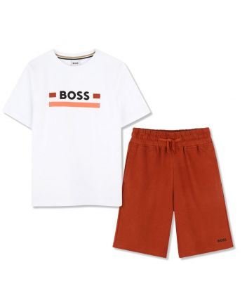 Boys White & Red Logo-Print Short Set