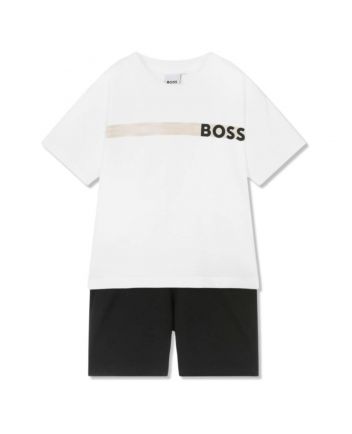 Boys White & Black Cotton Shorts Set