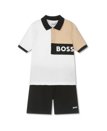 Boys White, Beige & Black Jersey Shorts Set